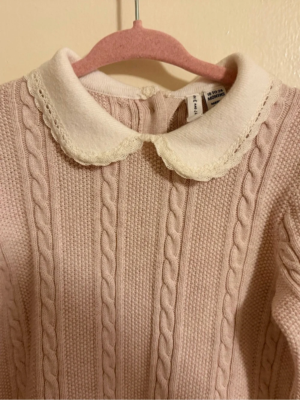 Janie and Jack Classic Cable Knit Pink One-Piece with Peter Pan Collar like new